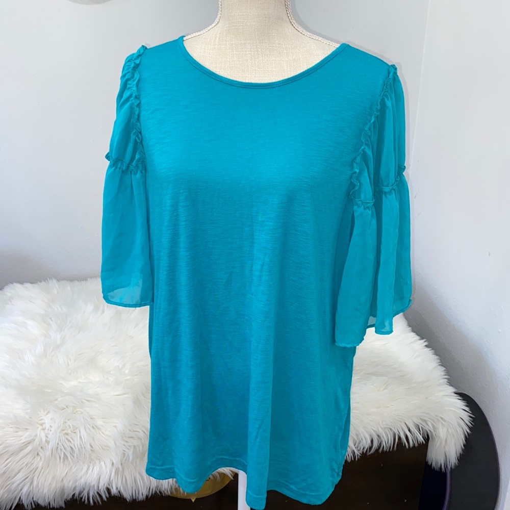 Turquoise sheer ruffle arm blouse